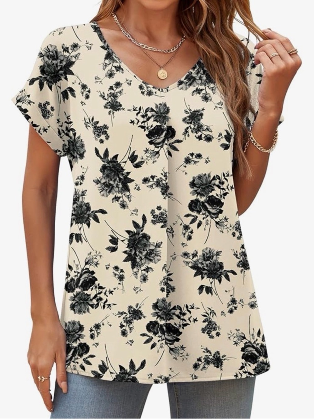 V-Neck Floral Button-Front Blouse - Black &‎ White